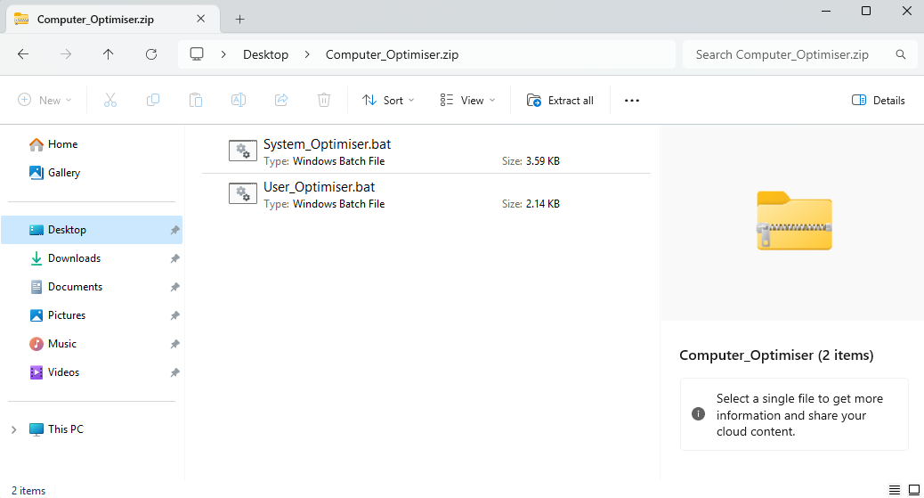 When you download the folder you should see two files, System_Optimiser.bat and User_Optimiser.bat