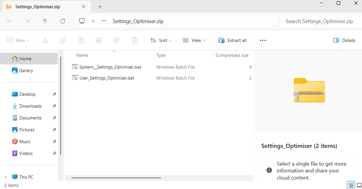 When you download the folder you should see two files, System__Settings_Optimiser.bat and User_Settings_Optimiser.bat