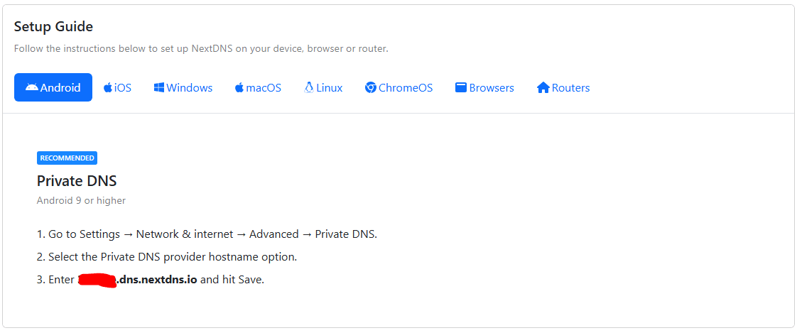 The NextDNS setup page, Android Setup Guide.