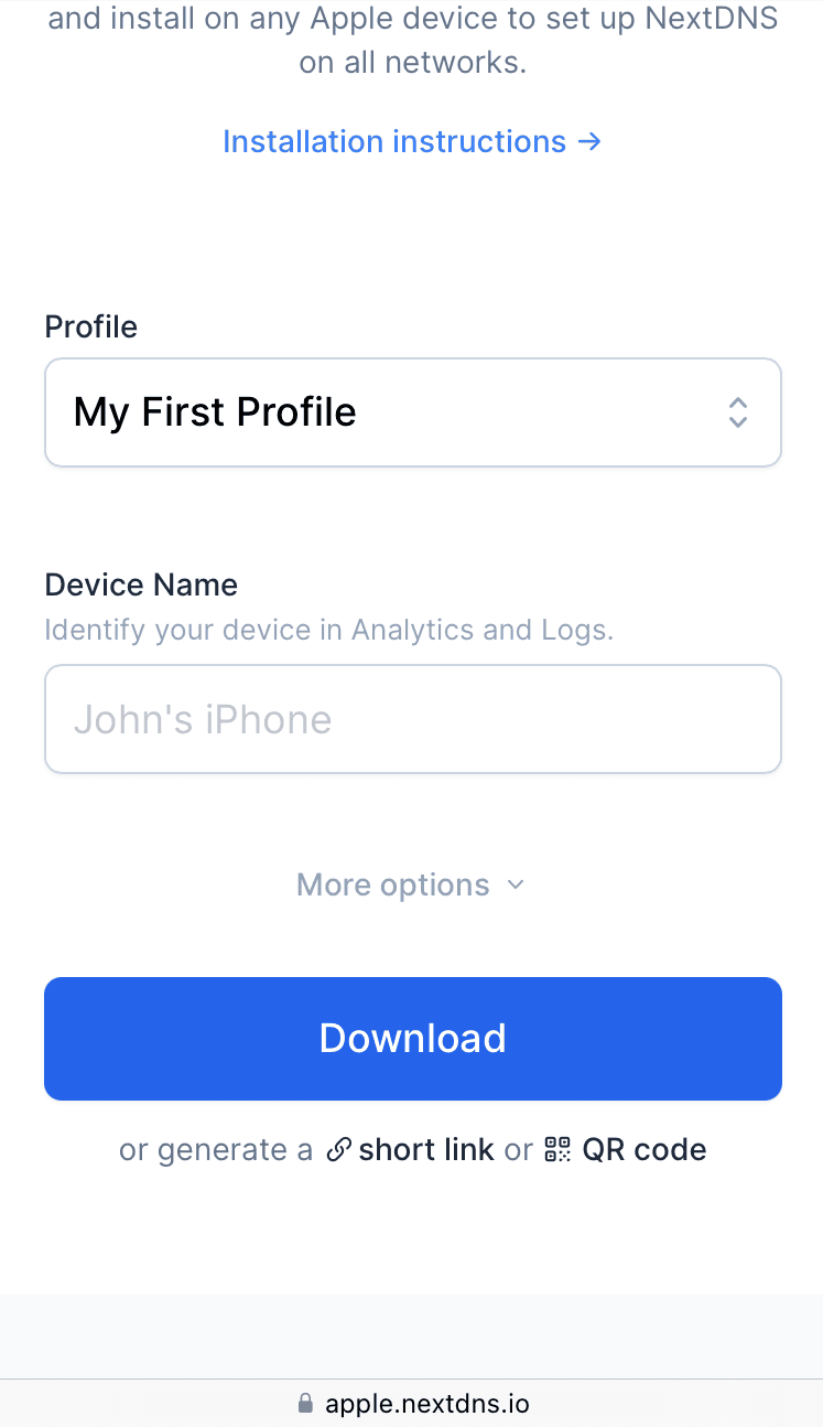 The NextDNS configuration profile download page.