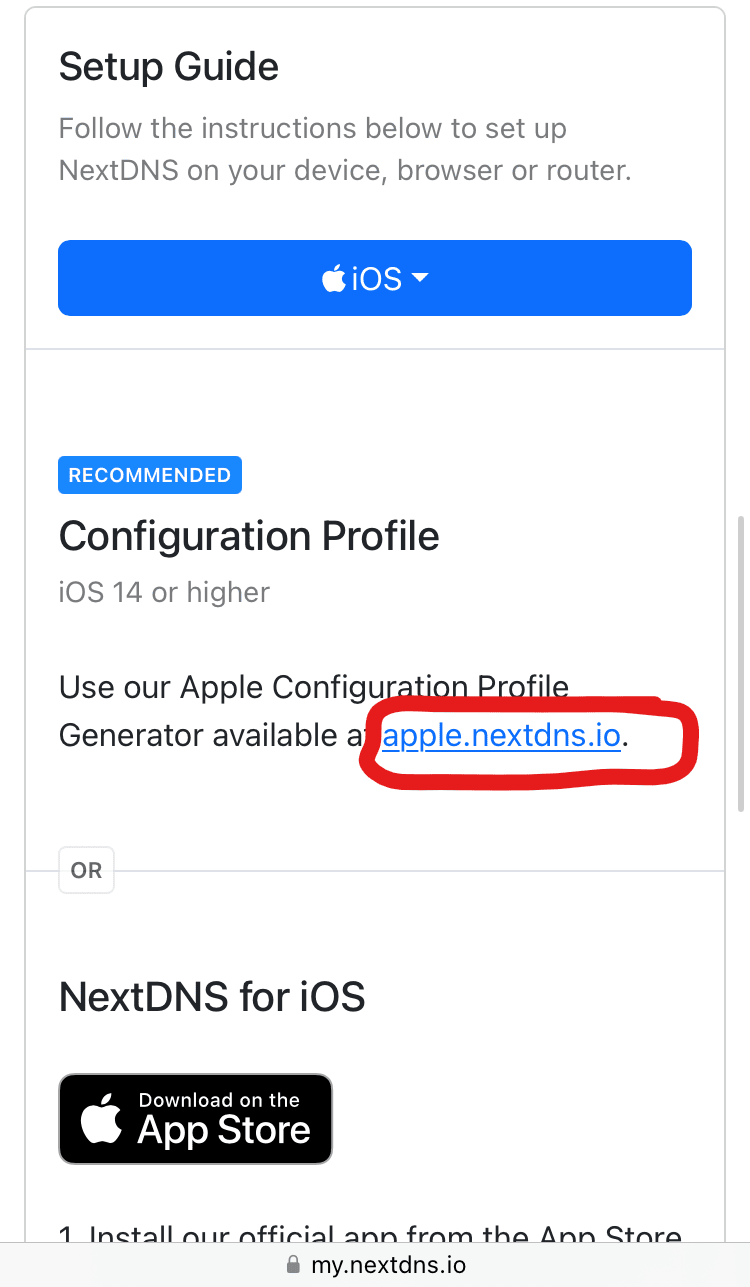 The NextDNS setup page, iOS Setup Guide, apple.nextdns.io. is circled.