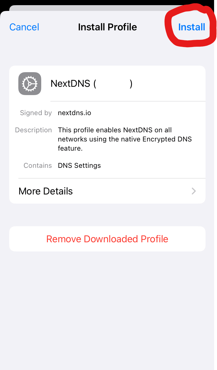 iPhone system settings, Install Profile popup, Install is circled.