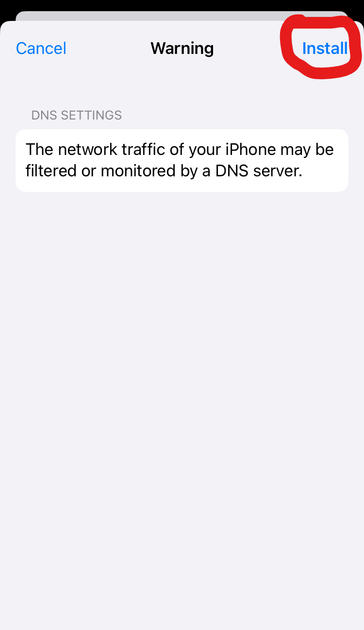 iPhone system settings, Install Profile warning popup, Install is circled.