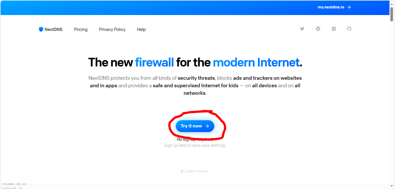 NextDNS homepage, try it now is circled.