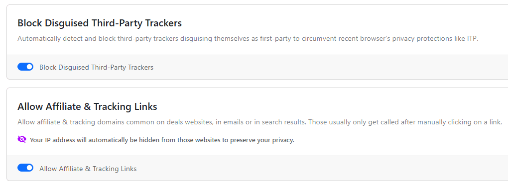 The NextDNS privacy page, Block Disguised Third-Party Trackers and Allow Affiliate & Tracking Links are enabled.