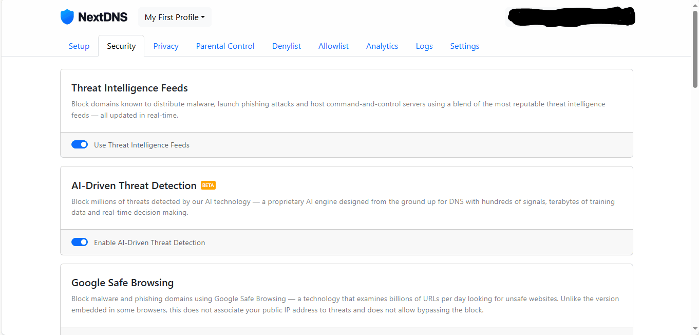 The NextDNS security page