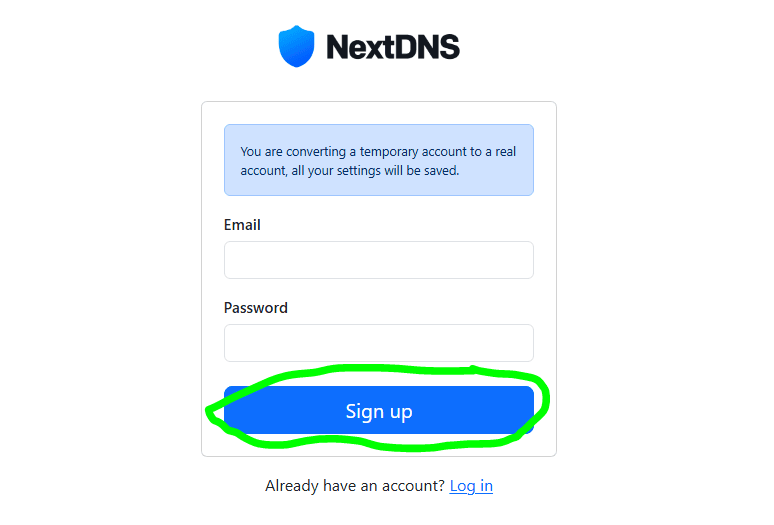 NextDNS sign up page, sign up button is highlighted.