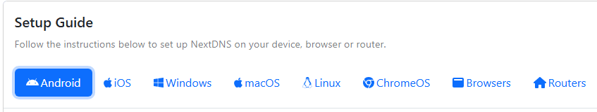 The NextDNS setup page, setup guide section.