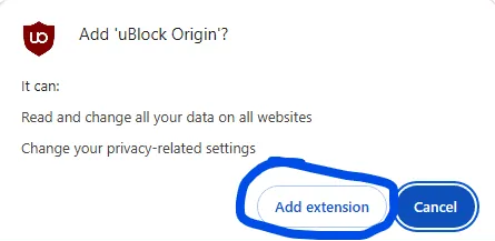 Add 'uBlock Origin'? Add extension is circled