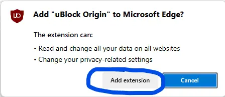 Add 'uBlock Origin' to Microsoft Edge? Add extension is circled