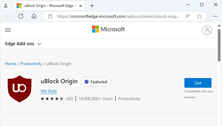 Get uBlock Origin for Microsoft Edge