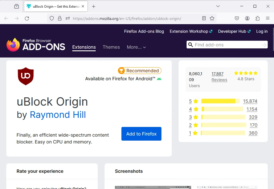 Add uBlock Origin to Firefox
