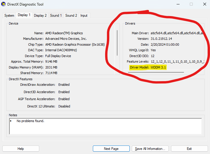 an image representing dxdiag Display 1 tab, Drivers section is circled, Driver Model has been highlighted.