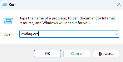an image representing Run dialog, dxdiag.exe has been entered.