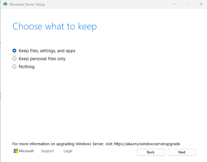 Windows 11, Choose what to keep, Keep files, settings, and apps is selected.