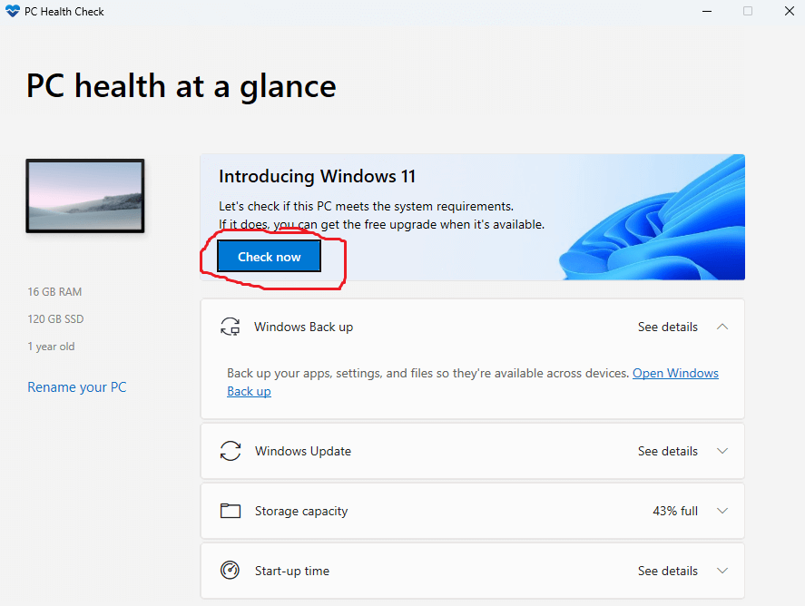 PC health check app, click on the Check now button.