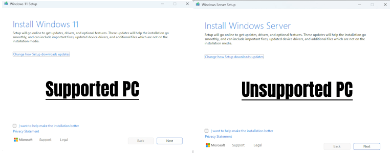 Install Windows 11 screen, says supported PC on Install Windows 11 and Unsupported PC on Install Windows Server