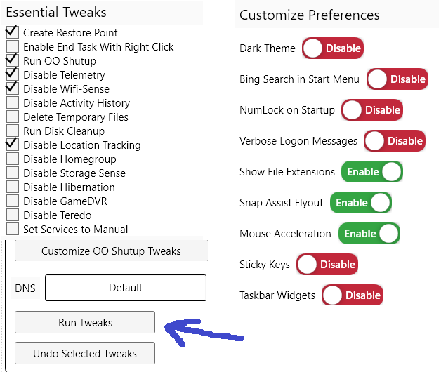 image showing the customized preferences and the essential tweaks that I advise people to use.