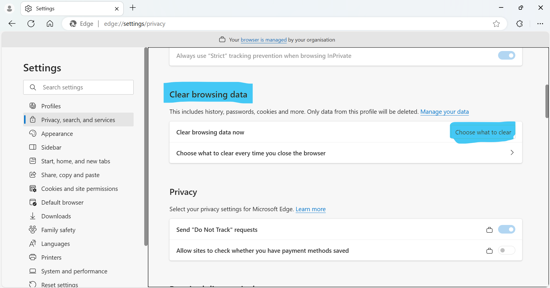 an image representing Microsoft Edge, Clear browsing data is highlighted, the Choose what to clear button is also highlighted