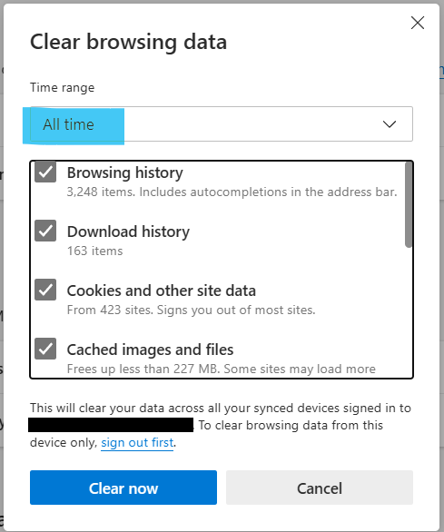 an image representing Microsoft Edge, Clear browsing data popup, Time range is set to all time, Browsing history is selected, Download history is selected, Cookies and other site data is selected, Cached images and files is selected.