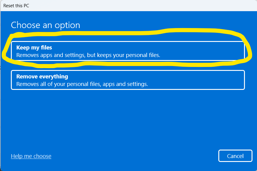 keep my files button is highlighted on choose an option popup.