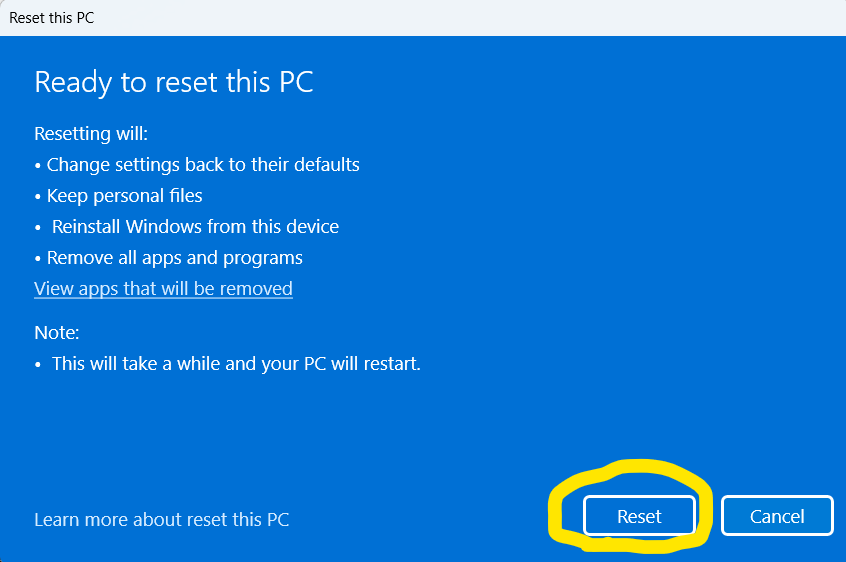 Rest button is highlighted on reset this PC popup.