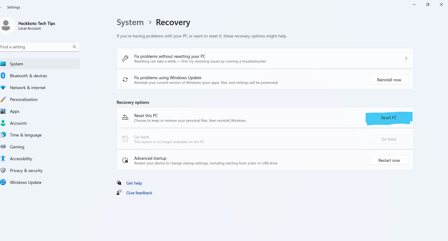 an image showing the Windows 11 recovery page, Reset PC button is highlighted